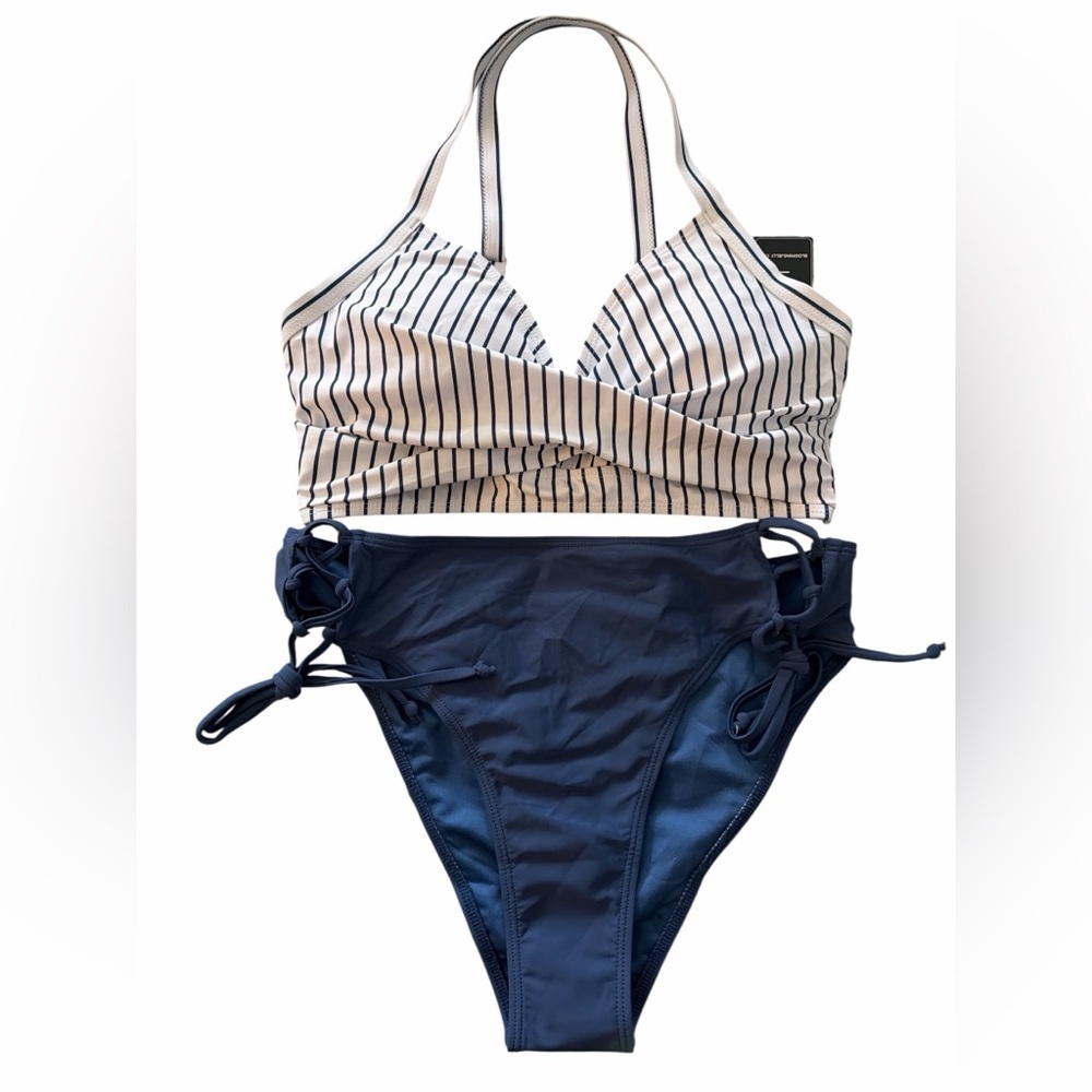 Blooming Jelly Striped White Navy Bikini Set NWT
